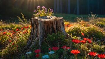 A vibrant forest scene with a tree stump surrounded by colorful flowers and sunlight. photo