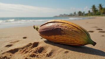 A cocoa pod rests on a sandy beach, with ocean waves and palm trees in the background. photo