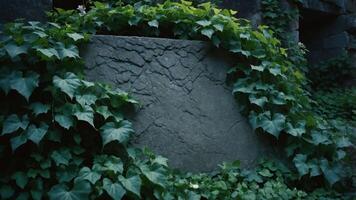 A stone structure covered in lush green ivy, blending nature with architecture. photo
