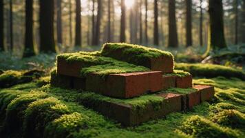 A moss-covered brick structure nestled in a forest, illuminated by soft sunlight. photo