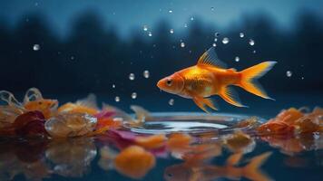 A goldfish swimming among colorful petals, with droplets creating a serene atmosphere. photo