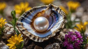A pearl nestled in an open shell surrounded by colorful flowers on a textured surface. photo