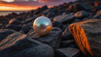 A luminous pearl rests on textured rocks during a colorful sunset by the sea. photo