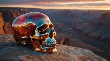 A colorful skull rests on a rocky ledge with a stunning canyon backdrop at sunset. photo