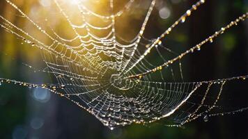 A close-up of a spider web adorned with dew drops, illuminated by sunlight. photo