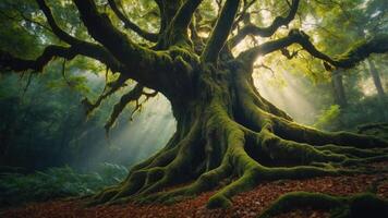 A majestic tree with sprawling roots in a sunlit forest, creating a serene atmosphere. photo
