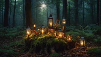 A serene forest scene with glowing lanterns on a mossy stump, creating a magical atmosphere. photo