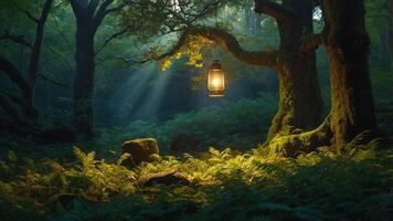 A serene forest scene with a lantern illuminating ferns and trees. photo