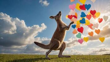 A kangaroo playfully interacts with colorful heart shapes against a scenic sky. photo