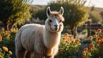 A fluffy alpaca stands among colorful flowers in a serene outdoor setting. photo