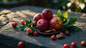 A rustic display of red apples and dates on a stone surface, surrounded by green leaves. photo