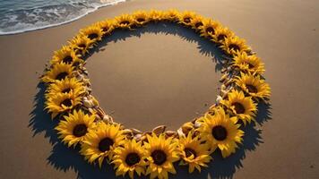 A circular arrangement of sunflowers on a sandy beach, blending nature and art. photo