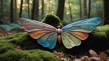 A colorful butterfly sculpture resting on moss in a forest setting. photo