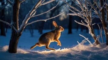A rabbit hops through a snowy forest, illuminated by soft light in a serene winter scene. photo