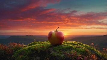 A single apple rests on mossy ground against a vibrant sunset backdrop. photo