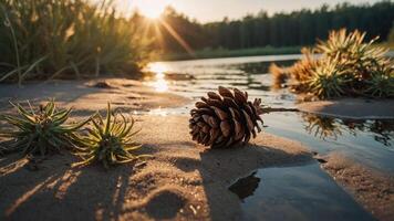 A serene lakeside scene featuring a pine cone on sandy shore with sunlight reflecting on water. photo