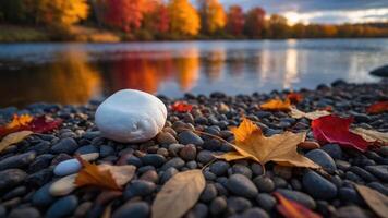 A tranquil lakeside scene with colorful autumn leaves and smooth stones. photo