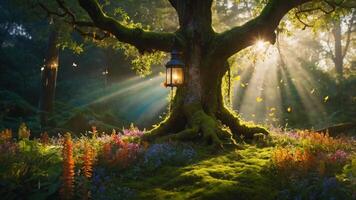 A serene forest scene featuring a majestic tree, lantern, and colorful flowers illuminated by sunlight. photo
