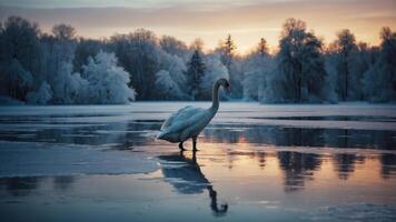 A serene swan stands on a frozen lake at sunset, surrounded by frosty trees. photo