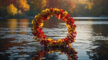 A circular wreath of colorful autumn leaves floats on a serene lake, reflecting nature's beauty. photo