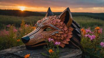 A decorative wolf mask rests on a log surrounded by flowers at sunset in a serene landscape. photo