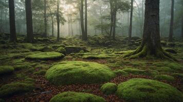 A serene forest scene with moss-covered ground and misty trees. photo