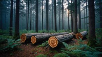 A serene forest scene with cut logs amidst tall trees and lush greenery in a misty atmosphere. photo