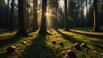 A serene forest scene with sunlight filtering through tall trees and mushrooms on the ground. photo