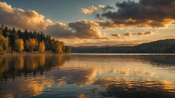 Serene lake at sunset with colorful reflections and forest backdrop. photo