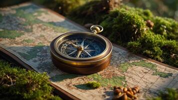 A vintage compass resting on an old map surrounded by moss, symbolizing exploration. photo