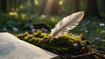 A quill rests on a mossy log beside an open book in a sunlit forest. photo