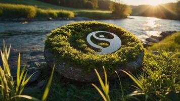 A serene scene featuring a yin-yang symbol on a stone surrounded by lush greenery by a river. photo