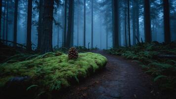 A serene forest scene with a pine cone on moss beside a winding path in a foggy atmosphere. photo