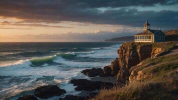 Scenic coastal view with a charming house perched on a cliff during sunset. photo