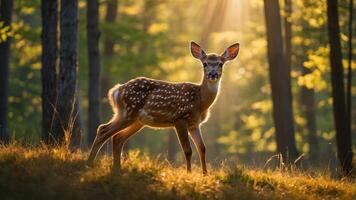 A fawn stands in a sunlit forest, surrounded by trees and soft grass. photo