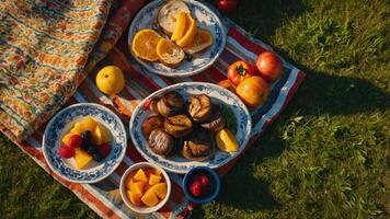 A picnic spread featuring fruits, pastries, and drinks on a colorful blanket in a grassy setting. photo