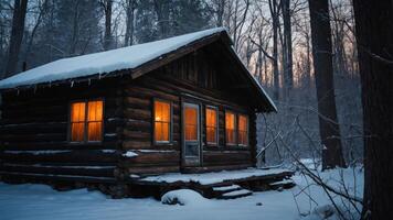 A cozy log cabin in a snowy forest at dusk, emanating warm light from its windows. photo