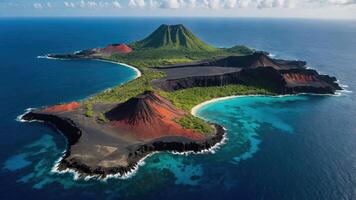 Aerial view of a volcanic island with lush greenery and contrasting red and black slopes. photo