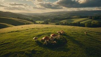 A scenic view of rolling hills with mushrooms scattered across a grassy landscape. photo