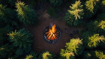 Aerial view of a campfire surrounded by tall evergreen trees in a serene forest setting. photo