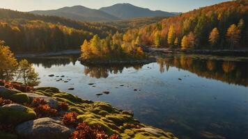 Serene autumn landscape with colorful trees reflecting in a calm lake. photo