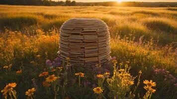 A wooden structure surrounded by vibrant wildflowers in a sunlit field. photo