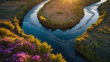 A serene river winding through lush greenery under a golden sunset. photo