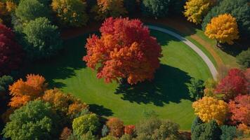 Aerial view of a vibrant autumn landscape with a central colorful tree. photo