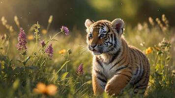 A playful tiger cub explores a vibrant meadow filled with colorful flowers. photo