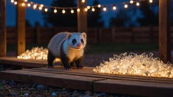 A playful animal stands on a wooden path illuminated by warm string lights at dusk. photo