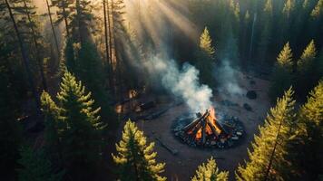 A serene campfire surrounded by tall trees and sunlight filtering through the forest. photo