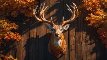 A mounted deer head surrounded by autumn leaves on a wooden background. photo