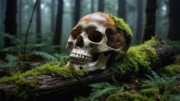 A skull resting on moss-covered wood in a misty forest. photo