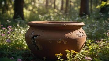A weathered clay pot surrounded by wildflowers in a serene forest setting. photo